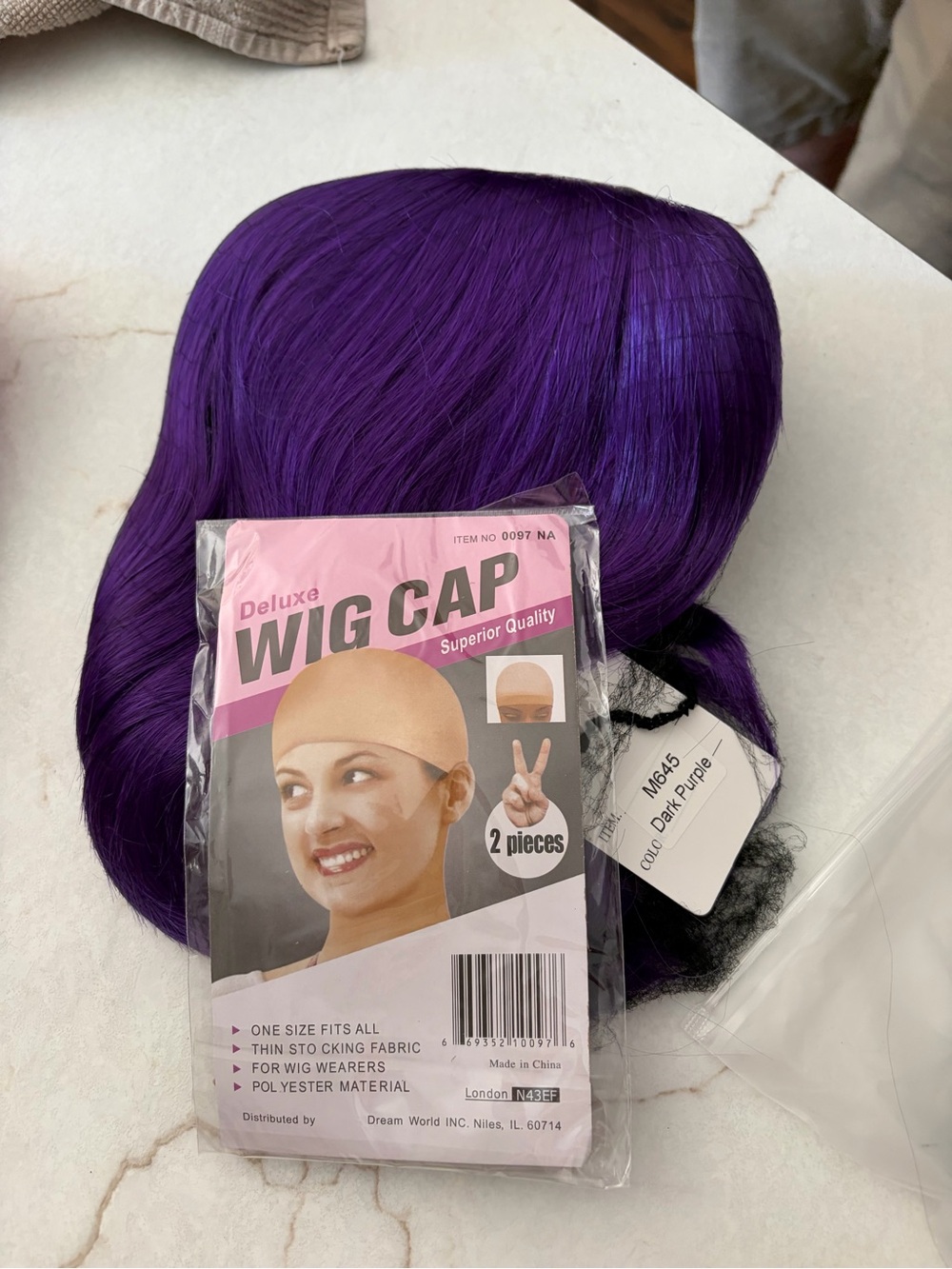 New Dark Purple Wig Cap & Wig Set - 2 Pieces